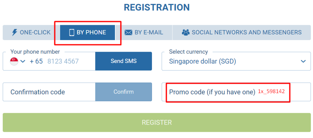 Mobile phone registration in 1xbet